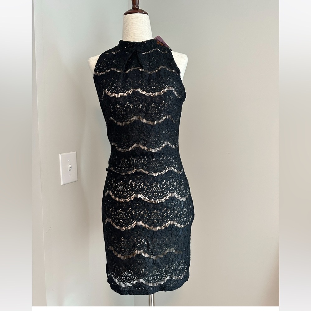 Love, Fire black lace body con cocktail dress XS